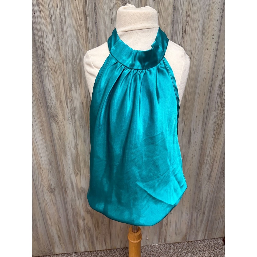 Y2K Charlotte Russe Teal Satin Halter Top Smocked Waist Blouse Teal Blue Large